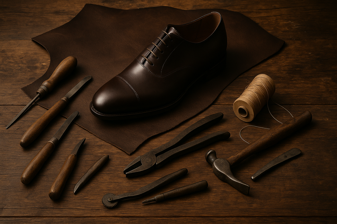 Artisan shoemaker’s wooden bench with full-grain leather, classic tools, and handcrafted Oxford shoe heritage English craftsmanship by Kindred Marvel.