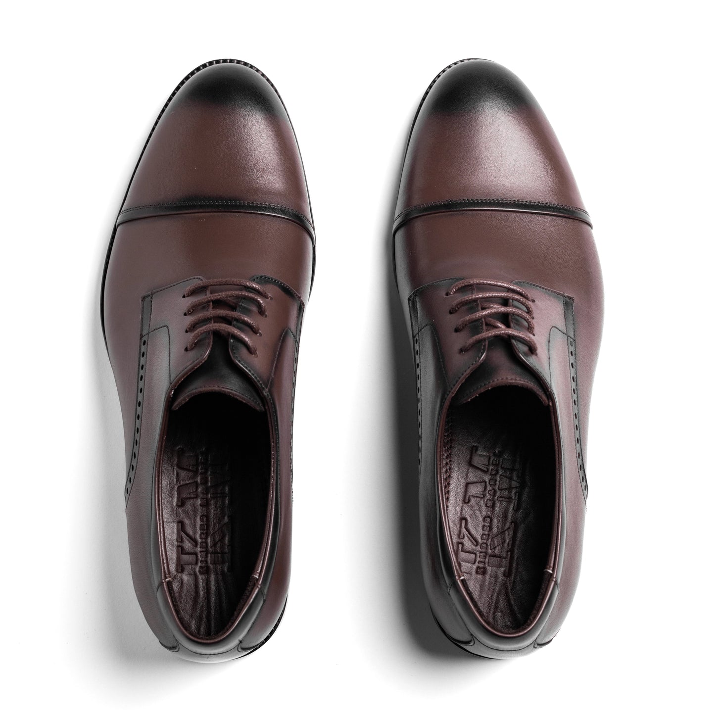 Top-down view of the Cap Toe Derby Brown showing symmetrical lace pattern and clean cap toe design