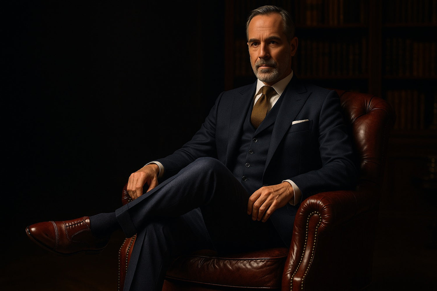 Refined gentleman seated in a vintage oxblood leather armchair, wearing a tailored Oxford Navy three-piece suit and polished oxblood Oxford shoes, in a heritage library with dark wood bookshelves and warm cinematic lighting — luxury editorial photography for Kindred Marvel