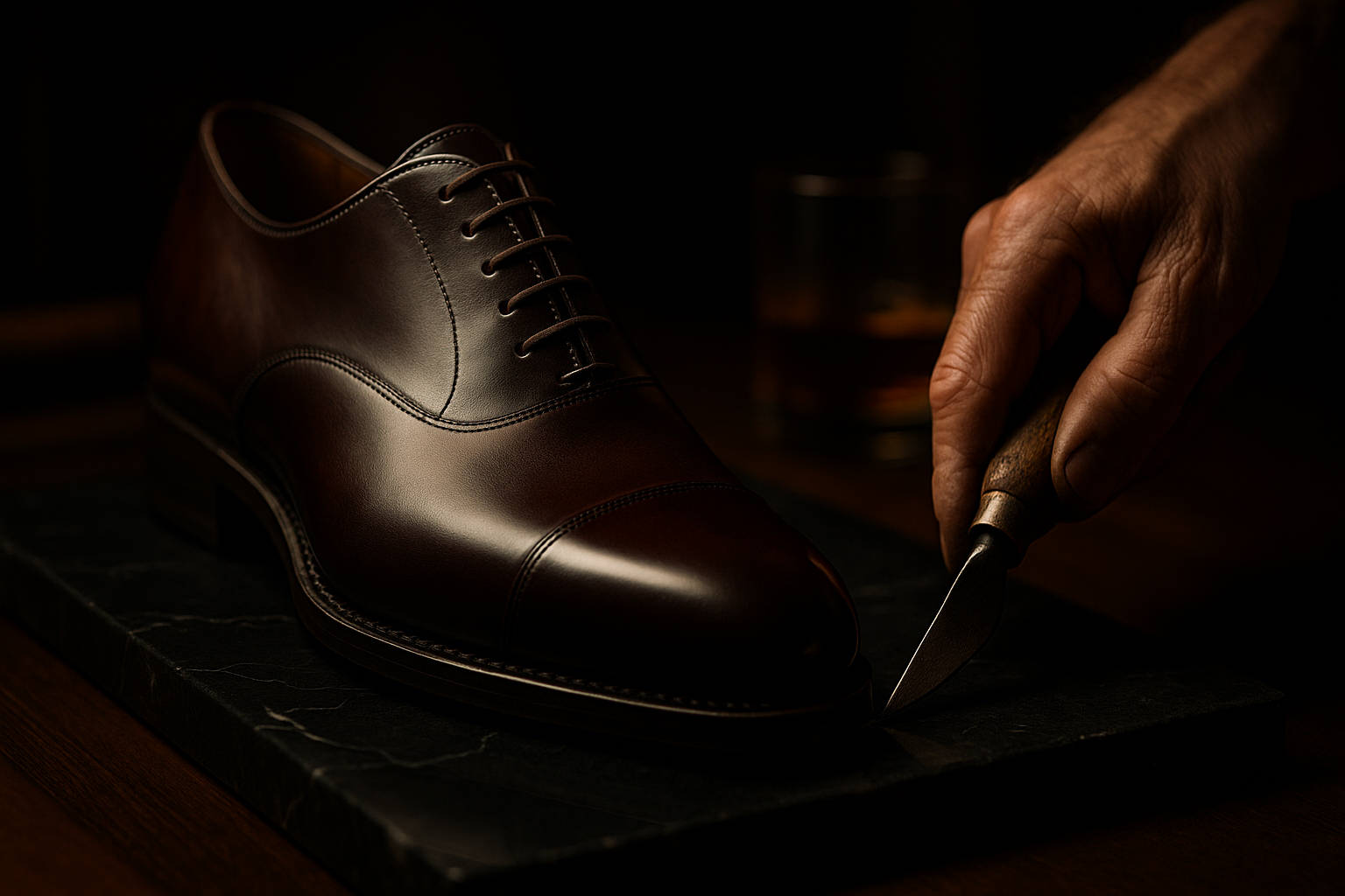 Brown leather shoe with a hand holding a knife on a dark background