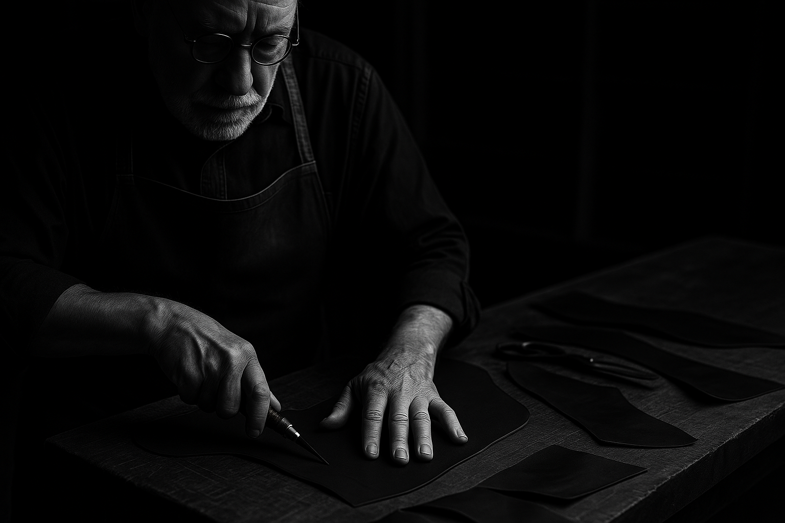 Black-and-white photograph of an elderly artisan cutting leather on a wooden workbench, with strong focus on his hands and tools, evoking heritage craftsmanship and timeless tradition.