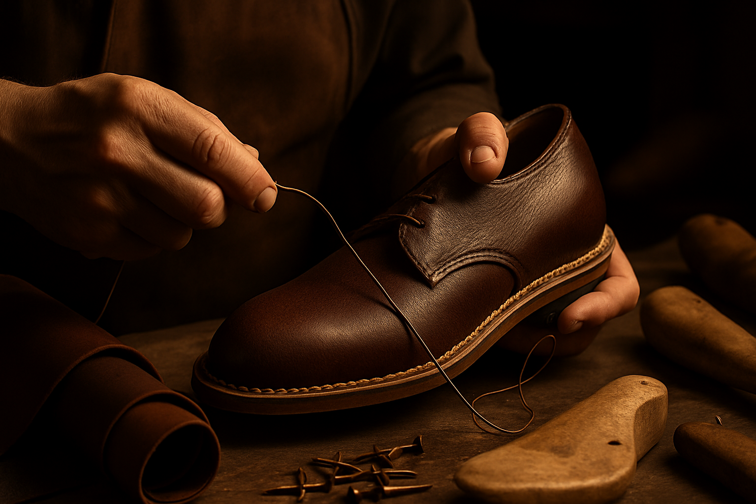 Close-up of a master shoemaker hand-stitching a welt on a premium leather shoe, with full-grain calfskin, brass nails, and wooden lasts on a workbench, captured in warm golden light — showcasing artisanal English craftsmanship