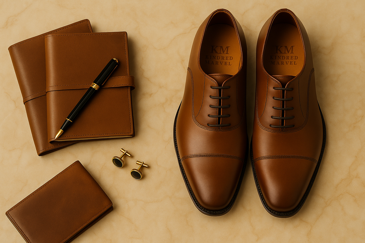 Kindred Marvel brown leather Oxford shoes with engraved logo on the insoles, styled with leather journals, fountain pen, and gold cufflinks on a marble surface heritage luxury craftsmanship