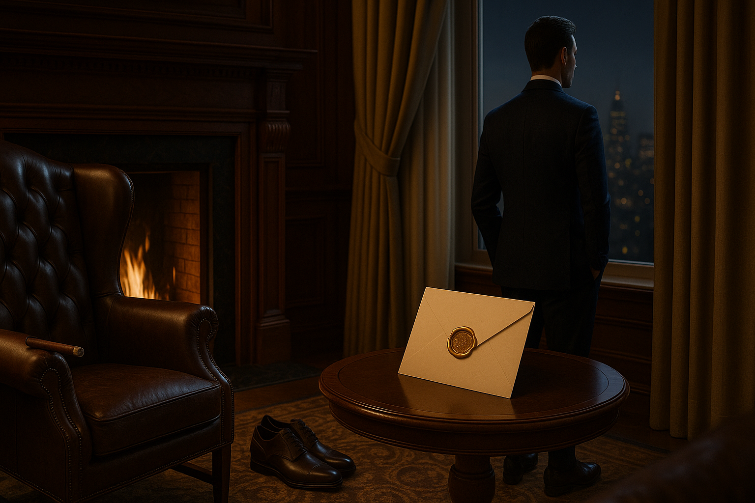 Elegant gentleman in a tailored suit overlooking the city skyline inside a private luxury club, with leather shoes, cigar, and golden wax-sealed invitation by the fireplace Kindred Marvel Gentleman’s Circle.