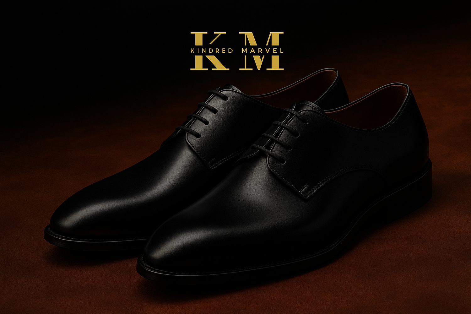 Luxury black leather Derby shoes by Kindred Marvel, photographed on a rich brown leather surface with the gold Kindred Marvel logo, symbolizing timeless English elegance and Italian craftsmanship for the About page