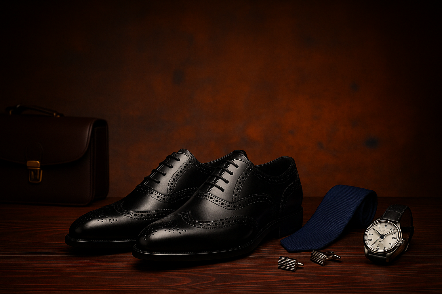 Luxury black leather brogue shoes with watch and tie