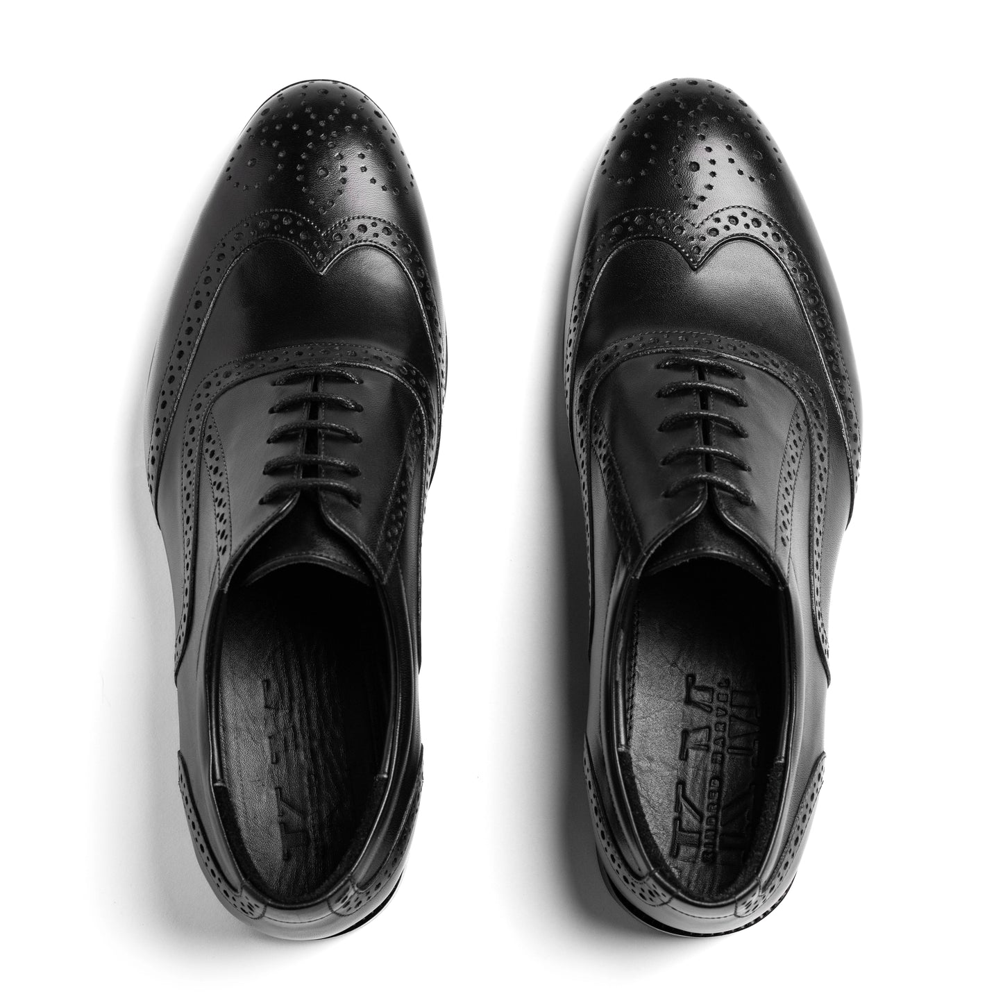 Overhead angle of Stanford Limit Derby Black with lace-up brogue design.