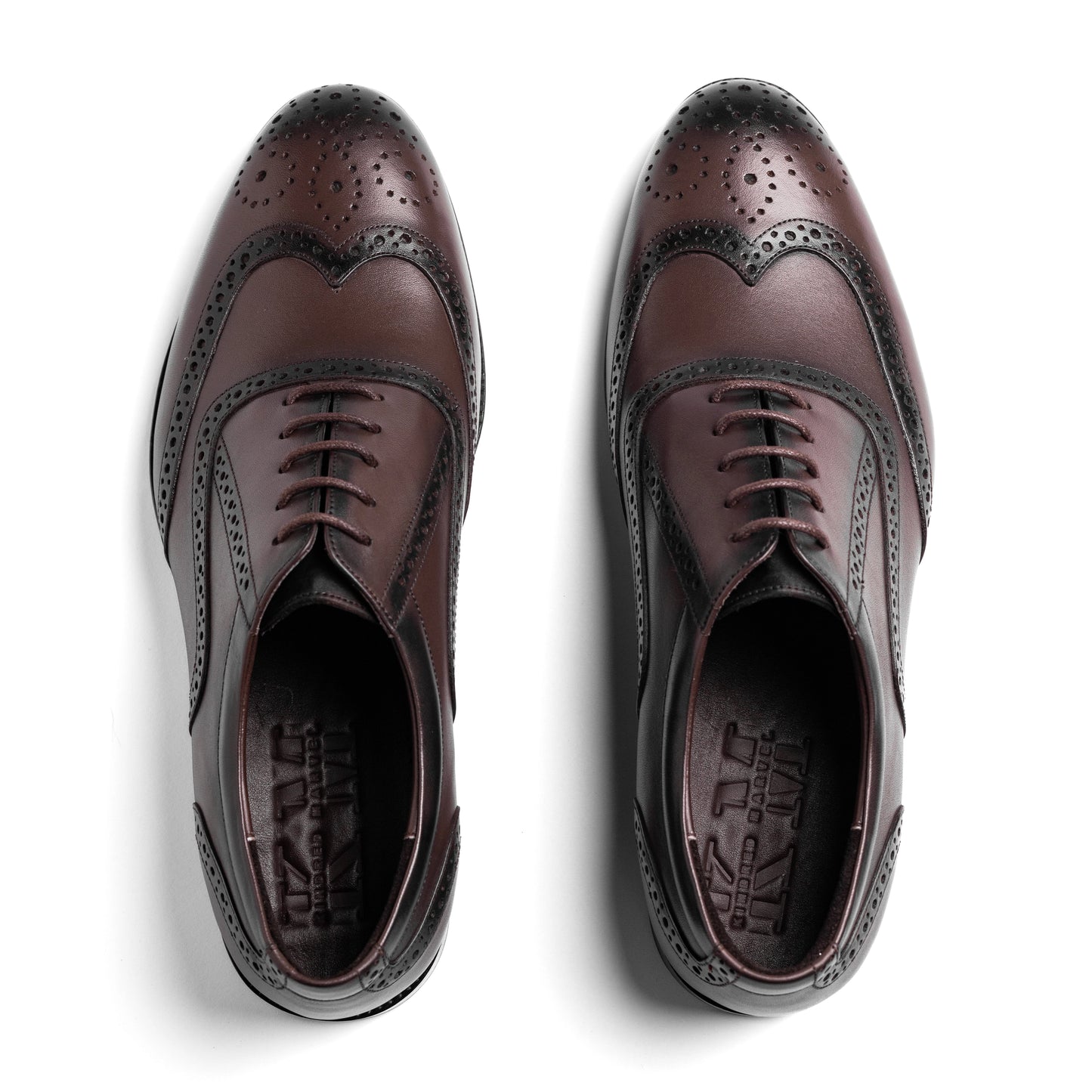 Top angle of Stanford Limit Derby Brown showing refined lace-up brogue pattern.