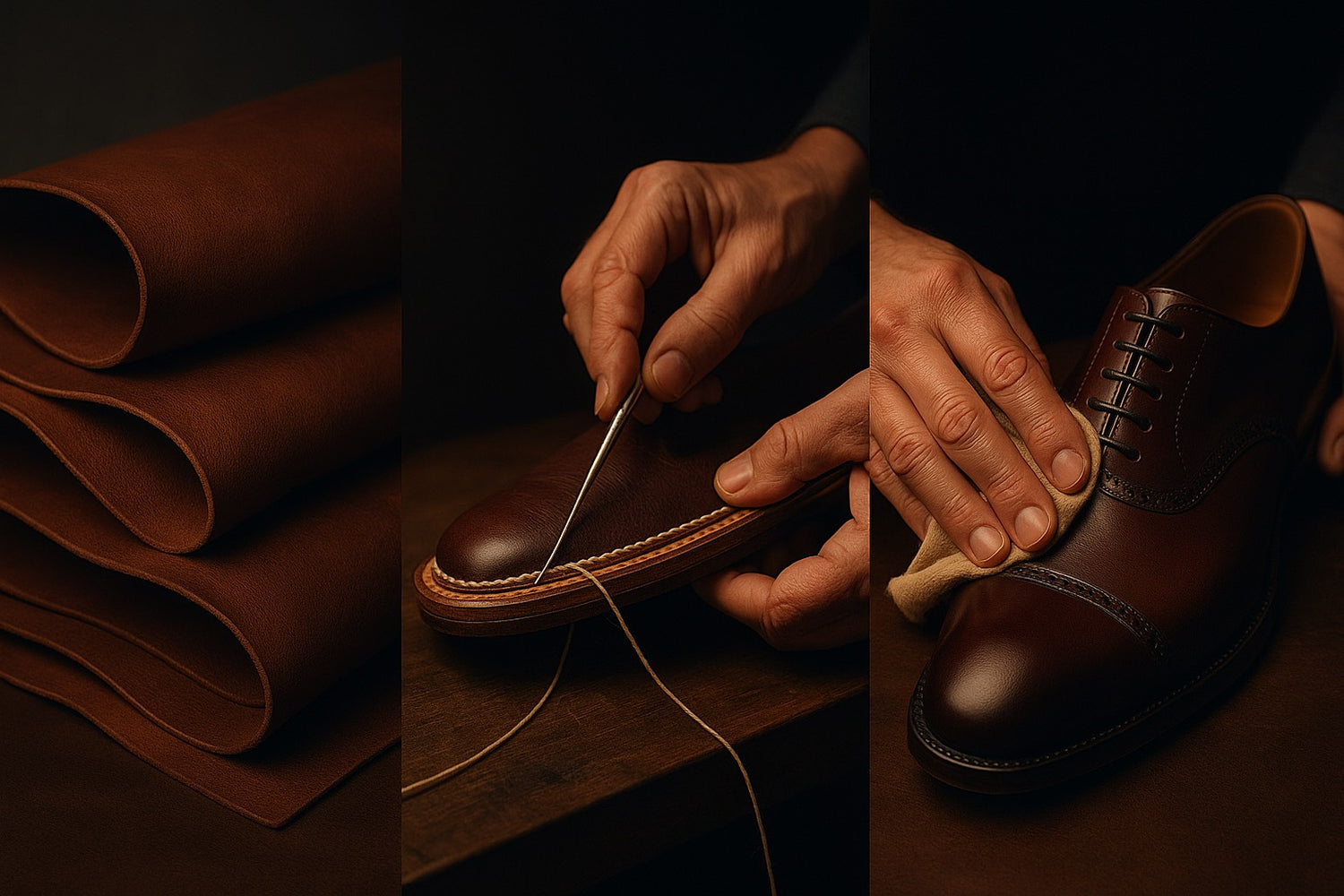Wholecut shoemaking process showing premium leather, hand stitching with Goodyear welt, and hand polishing for luxury finish