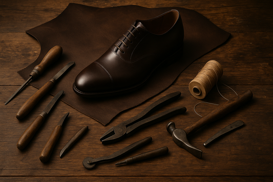 Artisan shoemaker’s wooden bench with full-grain leather, classic tools, and handcrafted Oxford shoe  heritage English craftsmanship by Kindred Marvel.