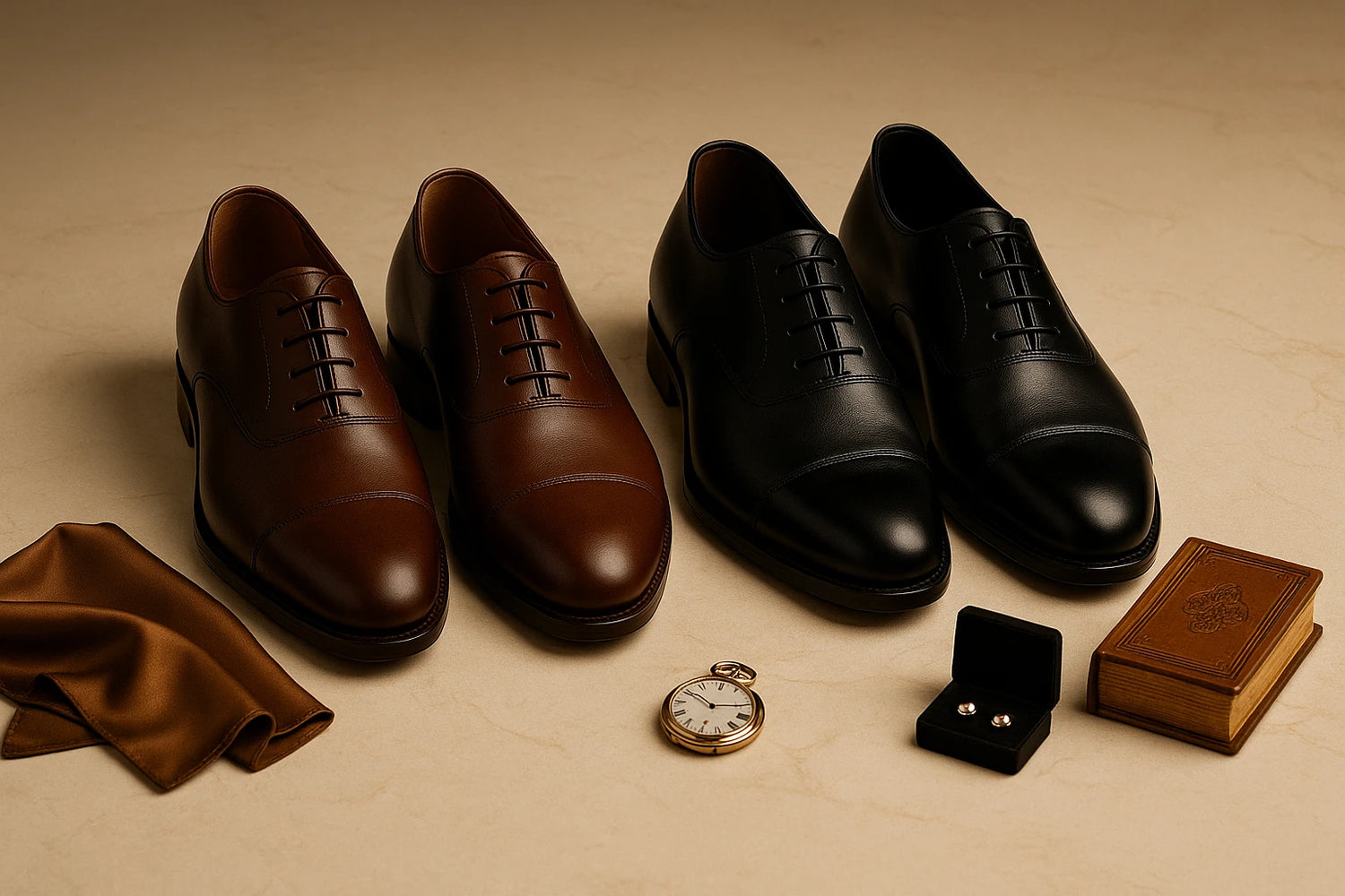 Two pairs of luxury Derby shoes in black and brown leather displayed on a polished marble floor with elegant golden accents, premium men’s footwear by Kindred Marvel