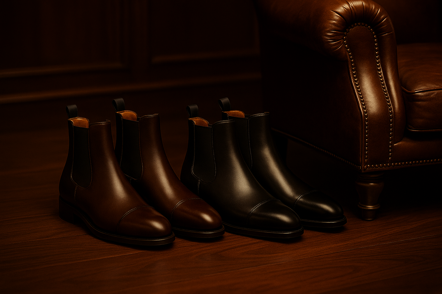 Dark brown leather Chelsea boots placed beside a leather armchair in a cigar lounge, captured in warm golden lighting with heritage English interior style.