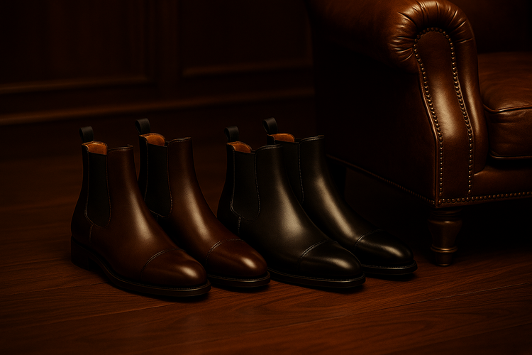 Dark brown leather Chelsea boots placed beside a leather armchair in a cigar lounge, captured in warm golden lighting with heritage English interior style.