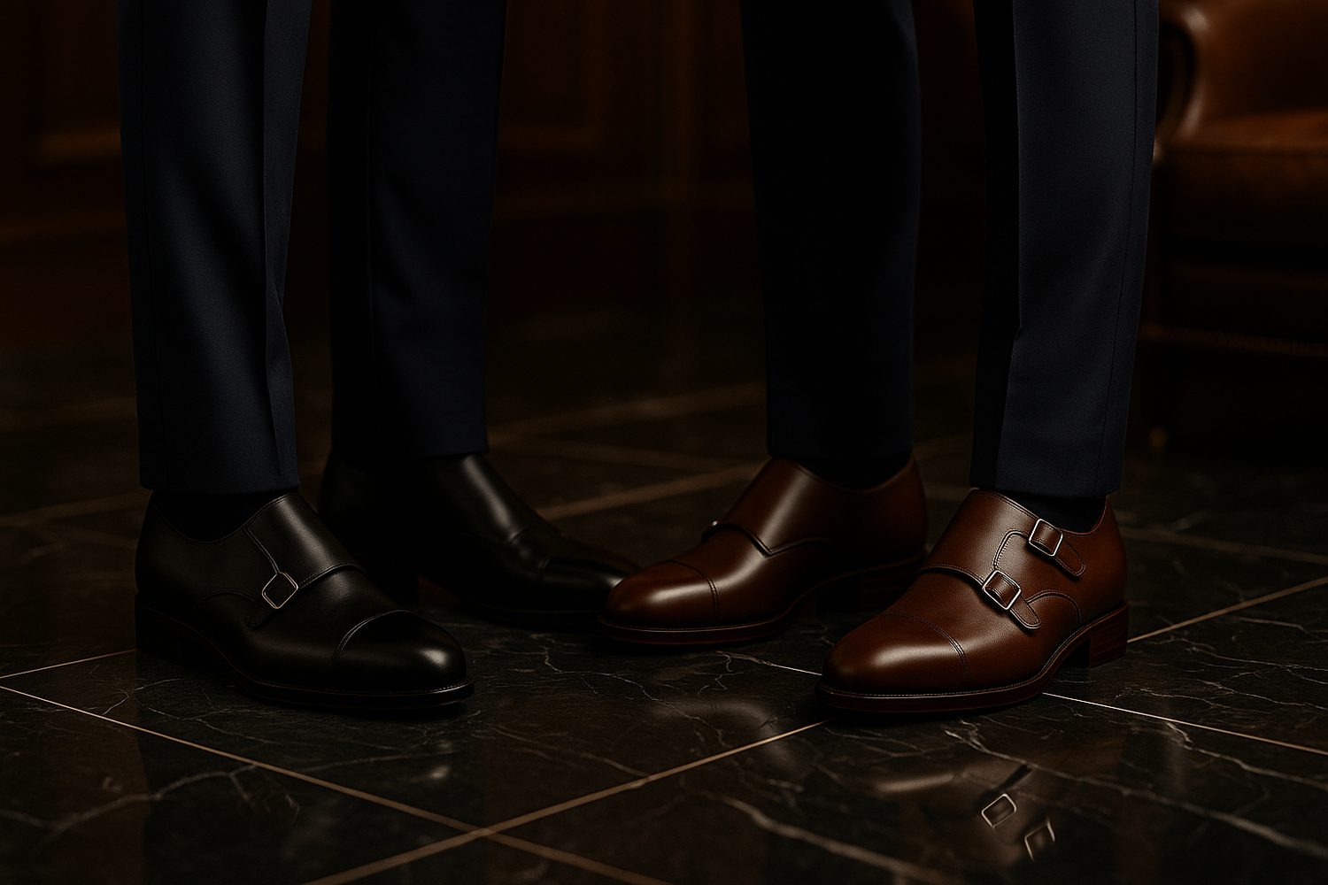 Elegant black single-buckle and brown double-buckle monk strap shoes worn with tailored navy suits, displayed on a polished marble floor in a refined gentlemen’s club setting.