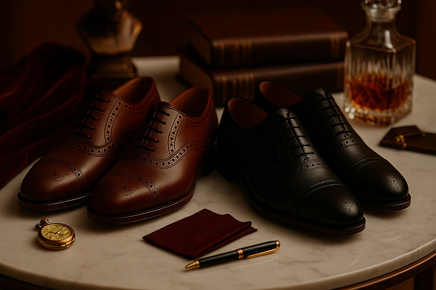 Two pairs of premium men’s black brogue leather shoes with elegant perforated detailing, displayed as luxury formal footwear