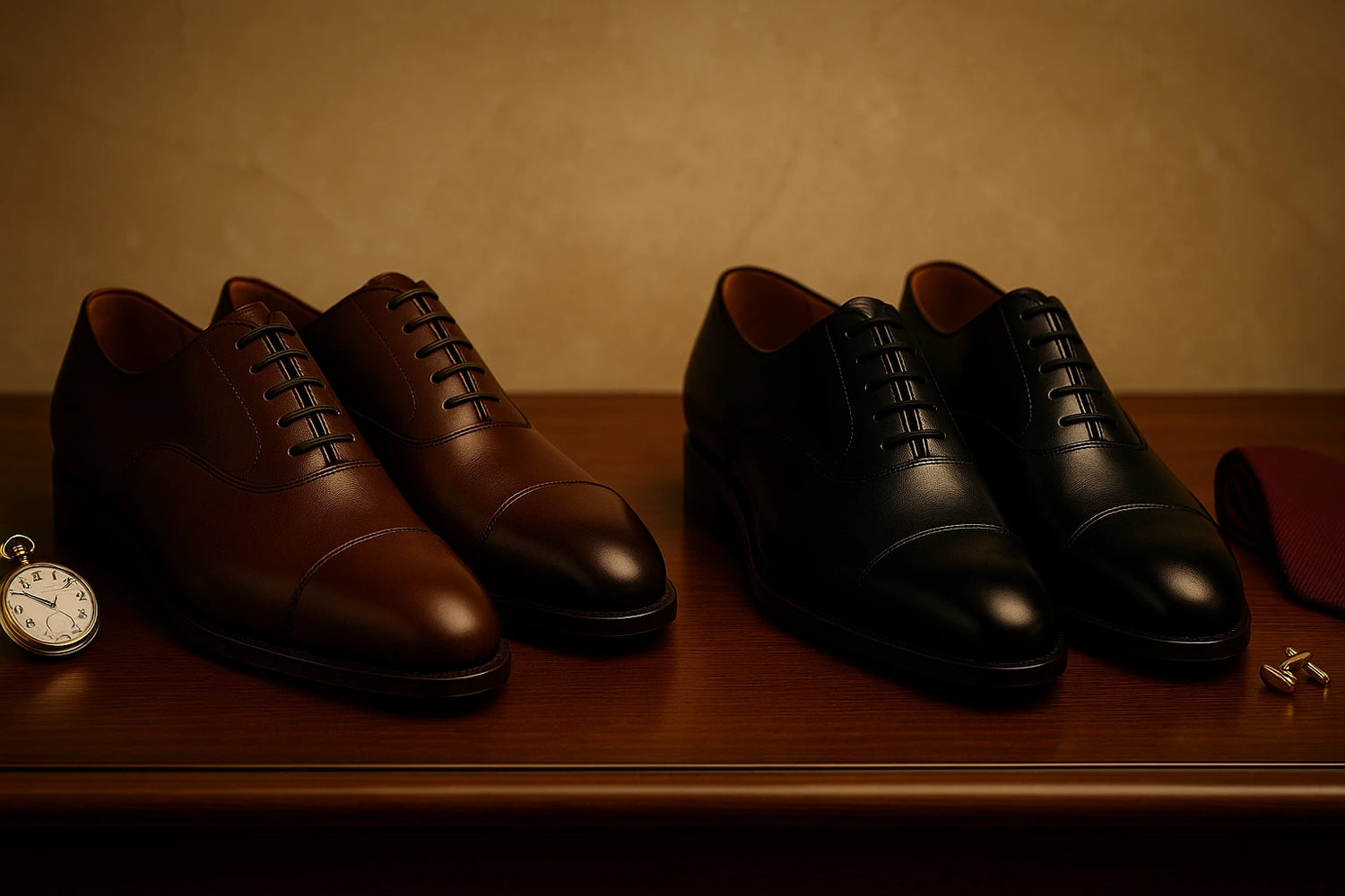 Two pairs of luxury men’s leather shoes classic Oxfords and Derbies displayed on a polished marble table with refined luxury accents in the background