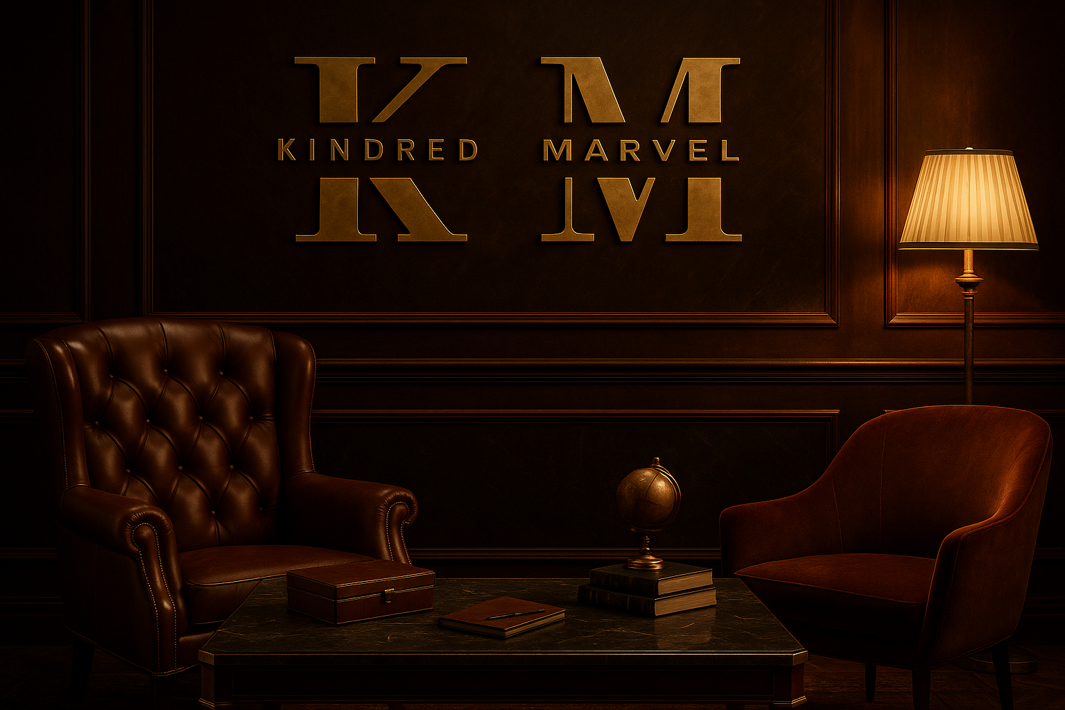 Kindred Marvel gold logo engraved on dark wood wall inside a luxurious gentleman’s lounge with leather armchairs, marble table, globe, and warm ambient lighting heritage luxury branding